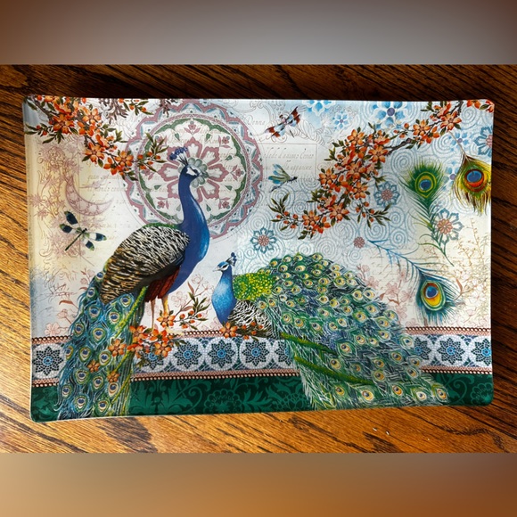 Fringe Studio Accents Fringe Studio Glass Tray With Big Peacocks